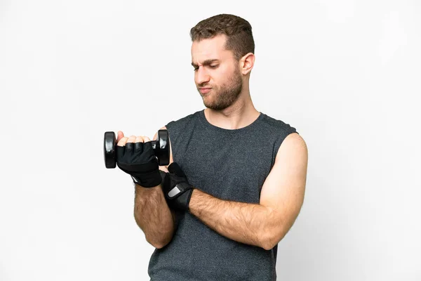 Young Sport Man Making Weightlifting Isolated White Background Sad Expression — Foto de Stock