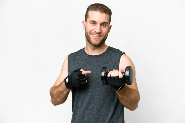 Young Sport Man Making Weightlifting Isolated White Background Pointing — Foto de Stock