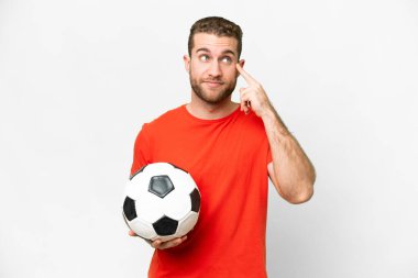 Handsome young football player man over isolated white background having doubts and thinking