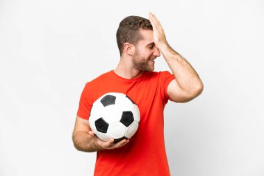 Handsome young football player man over isolated white background has realized something and intending the solution