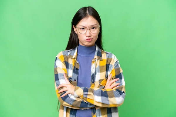 Young Asian Woman Isolated Chroma Key Background Feeling Upset — Stock Fotó