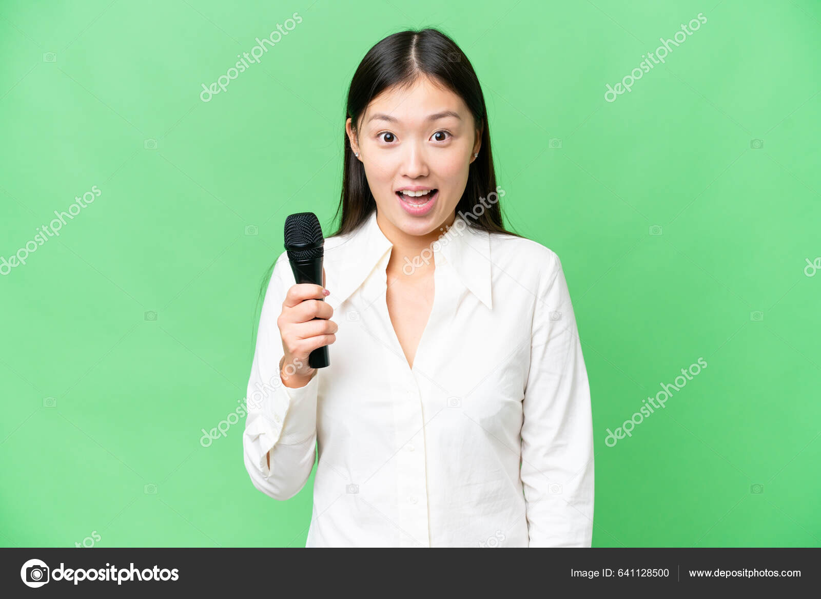 Singer Picking Microphone Isolated Chroma Key Background Surprise