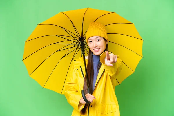 Young Asian Woman Rainproof Coat Umbrella Isolated Chroma Key Background — Stockfoto