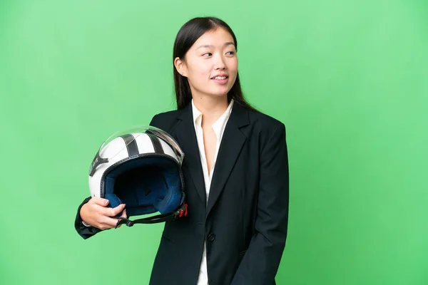 Young Asian Woman Motorcycle Helmet Isolated Chroma Key Background Looking — ストック写真