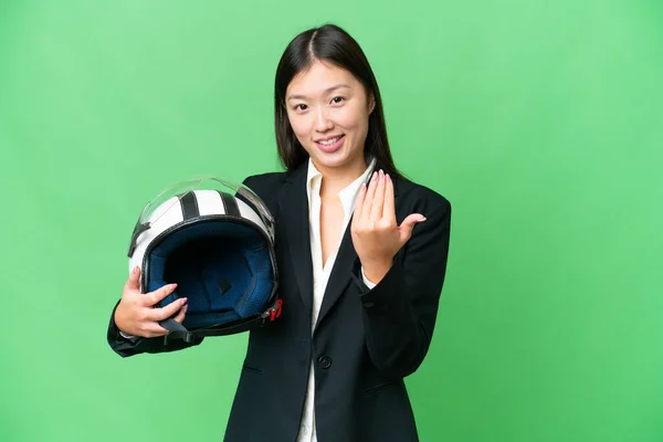Young Asian Woman Motorcycle Helmet Isolated Chroma Key Background Inviting — Fotografia de Stock