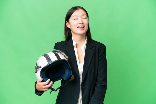 Young Asian Woman Motorcycle Helmet Isolated Chroma Key Background Laughing — ストック写真