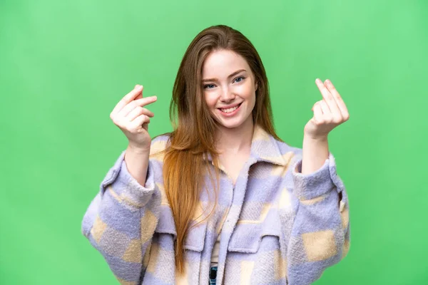 Young Pretty Woman Isolated Chroma Key Background Making Money Gesture — Stockfoto