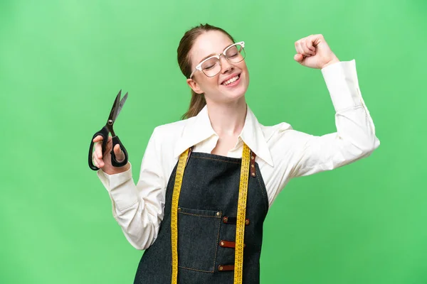 Seamstress Woman Isolated Chroma Key Background Celebrating Victory — 스톡 사진