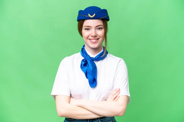 Airplane Stewardess Isolated Chroma Key Background Keeping Arms Crossed Frontal — 스톡 사진