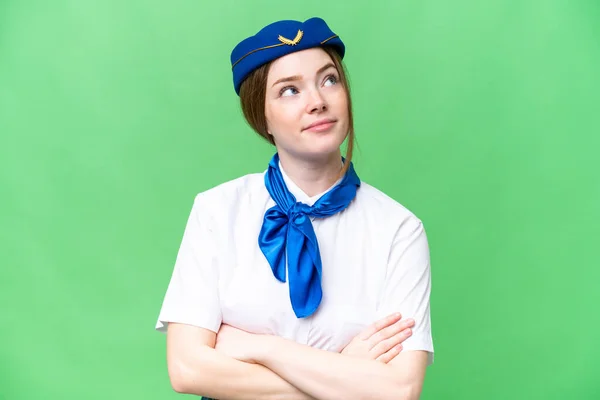 Airplane Stewardess Isolated Chroma Key Background Looking While Smiling — 스톡 사진
