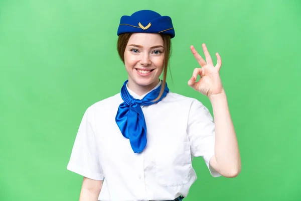 Airplane Stewardess Isolated Chroma Key Background Showing Sign Fingers — 스톡 사진
