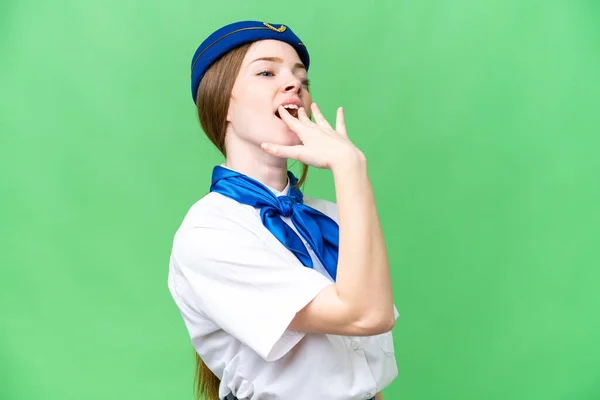 Airplane Stewardess Isolated Chroma Key Background Yawning Covering Wide Open — 스톡 사진