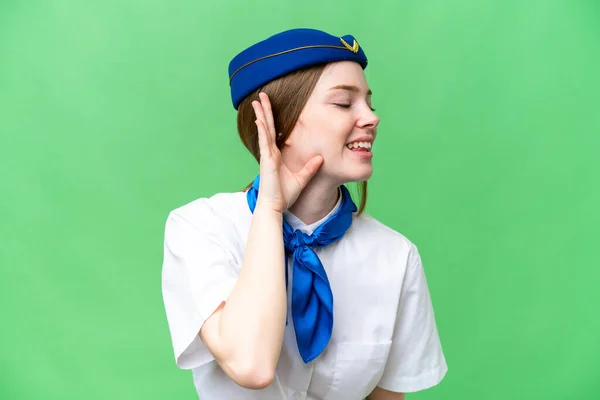 Airplane Stewardess Isolated Chroma Key Background Listening Something Putting Hand — 스톡 사진