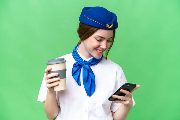Airplane Stewardess Isolated Chroma Key Background Holding Coffee Take Away — 스톡 사진