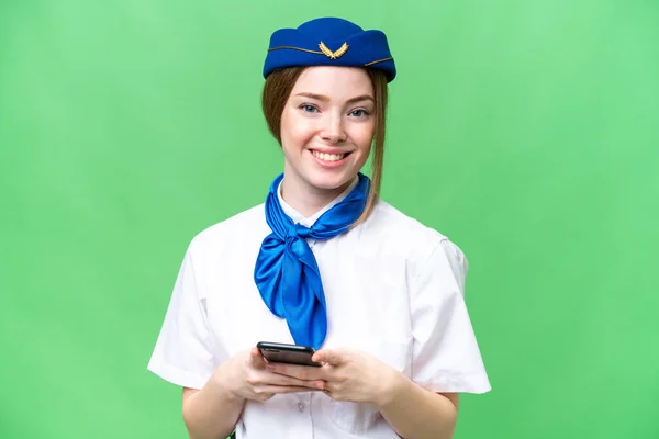 Airplane Stewardess Isolated Chroma Key Background Sending Message Mobile — 스톡 사진