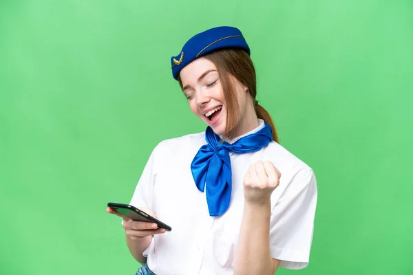 Airplane Stewardess Isolated Chroma Key Background Phone Victory Position — 스톡 사진