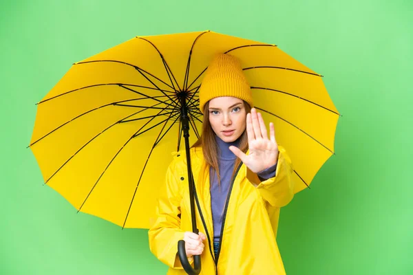 Young Pretty Woman Rainproof Coat Umbrella Isolated Chroma Key Background — Foto de Stock