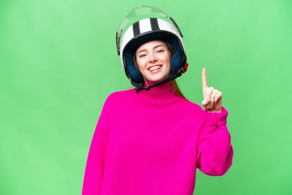 Young Pretty Woman Motorcycle Helmet Isolated Chroma Key Background Showing — ストック写真