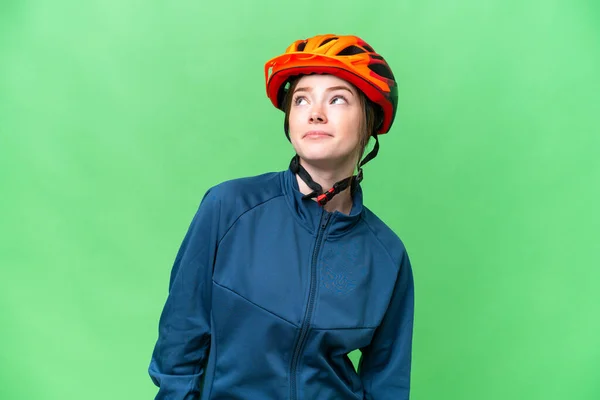 Young Cyclist Woman Isolated Chroma Key Background Looking — Stockfoto