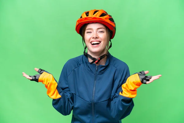 Young Cyclist Woman Isolated Chroma Key Background Shocked Facial Expression — Stockfoto