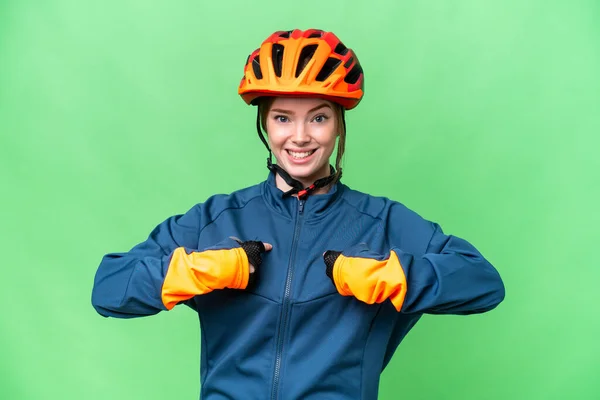 Young Cyclist Woman Isolated Chroma Key Background Surprise Facial Expression — Stockfoto