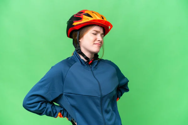 Young Cyclist Woman Isolated Chroma Key Background Suffering Backache Having — 스톡 사진