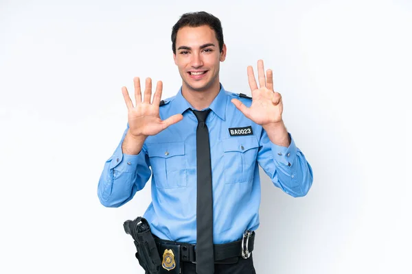 Młody Policjant Biały Człowiek Odizolowany Biały Tło Licząc Dziewięć Palce — Zdjęcie stockowe