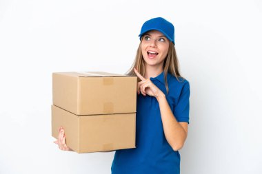 Delivery Lithuanian woman isolated on white background intending to realizes the solution while lifting a finger up