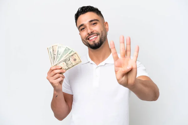 Young Arab Man Taking Lot Money Isolated White Background Happy — Φωτογραφία Αρχείου