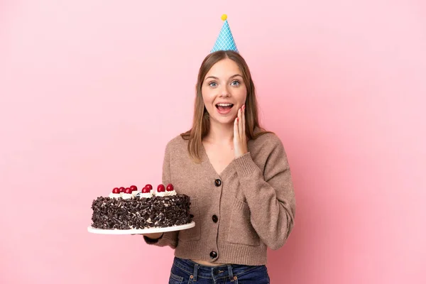 Young Lithuanian Woman Holding Birthday Cake Isolated Pink Background Surprise —  Fotos de Stock