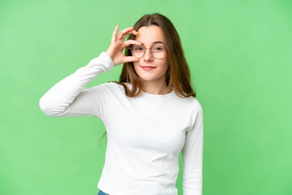 Teenager Girl Isolated Chroma Key Background Showing Sign Fingers — Stockfoto