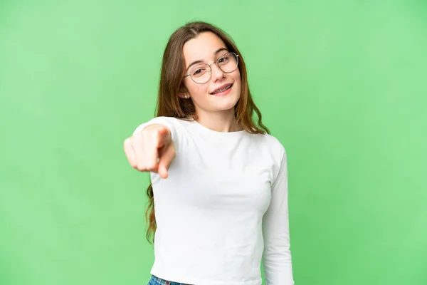 Teenager Girl Isolated Chroma Key Background Pointing Front Happy Expression — Stock Fotó