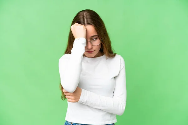 Teenager Girl Isolated Chroma Key Background Headache — Stock Fotó