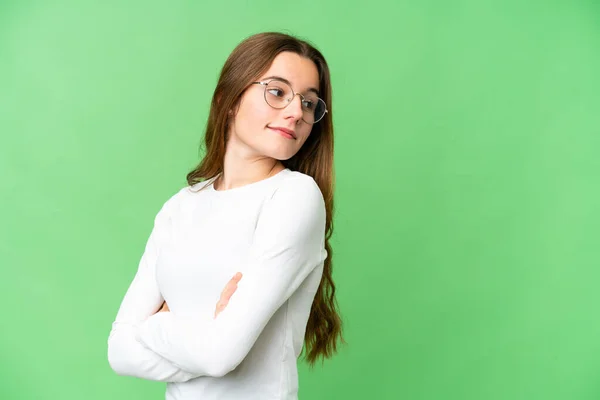 Teenager Girl Isolated Chroma Key Background Arms Crossed Happy — Stock fotografie