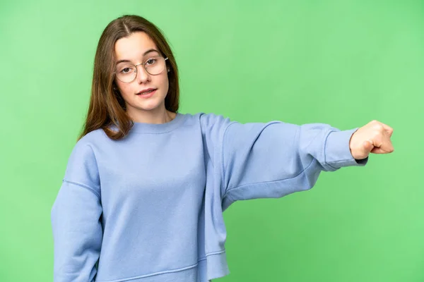 Teenager Girl Isolated Chroma Key Background Giving Thumbs Gesture — Stock Fotó