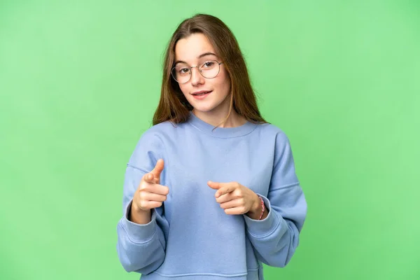 Teenager Girl Isolated Chroma Key Background Surprised Pointing Front — Stok fotoğraf