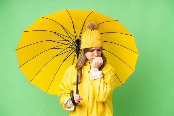Young Girl Rainproof Coat Umbrella Isolated Chroma Key Background Having — Stock Photo, Image
