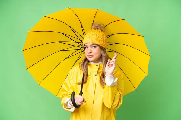 Young Girl Rainproof Coat Umbrella Isolated Chroma Key Background Fingers — Stock Photo, Image