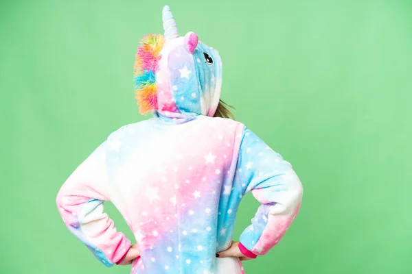 Young Girl Unicorn Pajamas Isolated Chroma Key Background Back Position — Stock Photo, Image