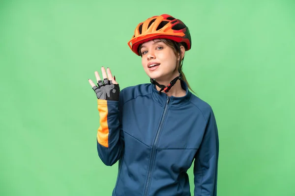 Fiatal Kerékpáros Lány Több Mint Elszigetelt Chroma Kulcsfontosságú Háttér Szalutál — Stock Fotó
