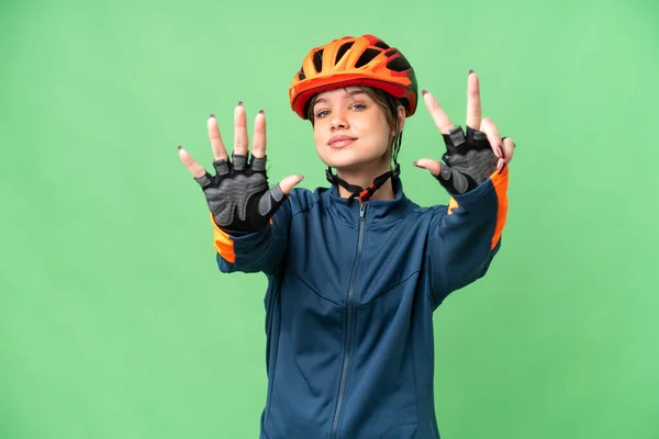 Fiatal Kerékpáros Lány Felett Elszigetelt Chroma Kulcs Háttér Számolás Nyolc — Stock Fotó