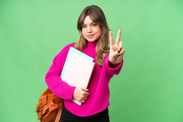 Joven Estudiante Sobre Aislado Croma Clave Fondo Sonriendo Mostrando Signo — Foto de Stock