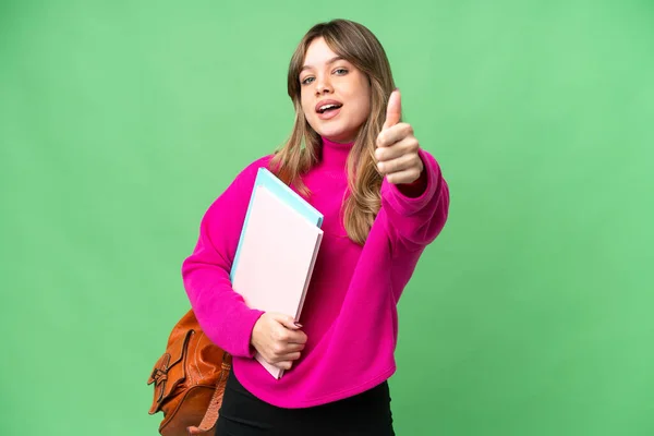 Young Student Girl Isolated Chroma Key Background Thumbs Because Something — Stock Photo, Image