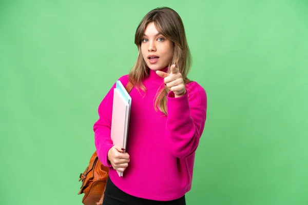 Young Student Girl Isolated Chroma Key Background Surprised Pointing Front — Stock Photo, Image