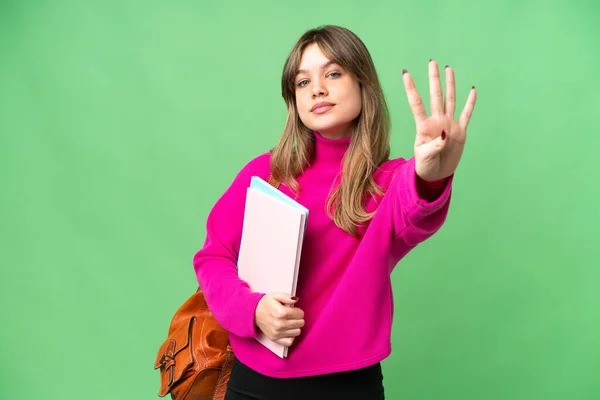 Young Student Girl Isolated Chroma Key Background Happy Counting Four — Stock Photo, Image