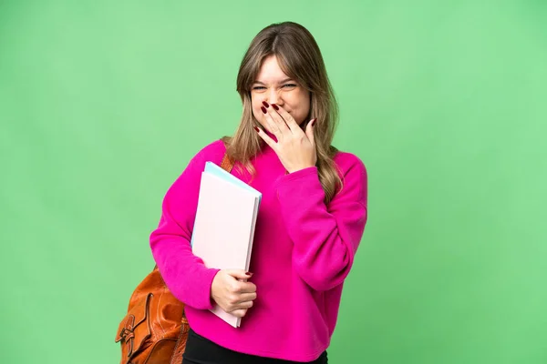 Jong Student Meisje Geïsoleerd Chroma Key Achtergrond Gelukkig Lachend Bedekken — Stockfoto