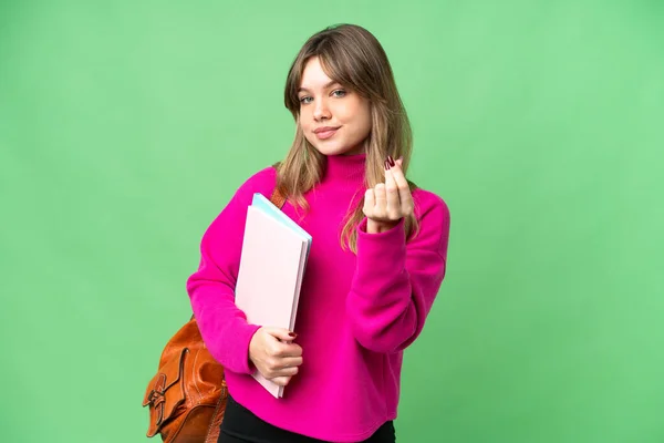 Young Student Girl Isolated Chroma Key Background Making Money Gesture — Stock Photo, Image