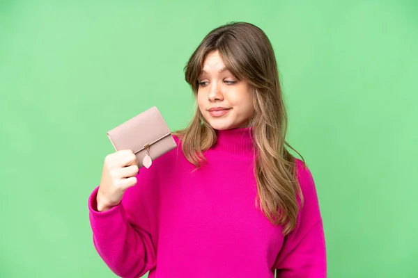 Jong Meisje Met Een Portemonnee Geïsoleerde Chroma Key Achtergrond Met — Stockfoto