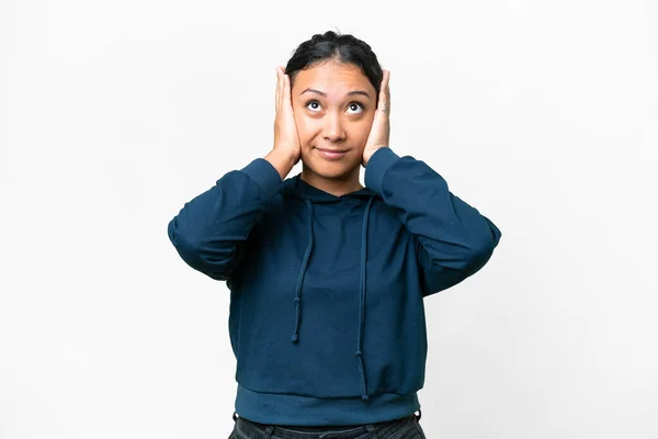 Young Uruguayan Woman Isolated White Background Frustrated Covering Ears — Stock fotografie