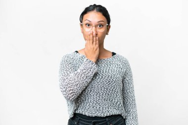 Young Uruguayan woman over isolated white background covering mouth with hand